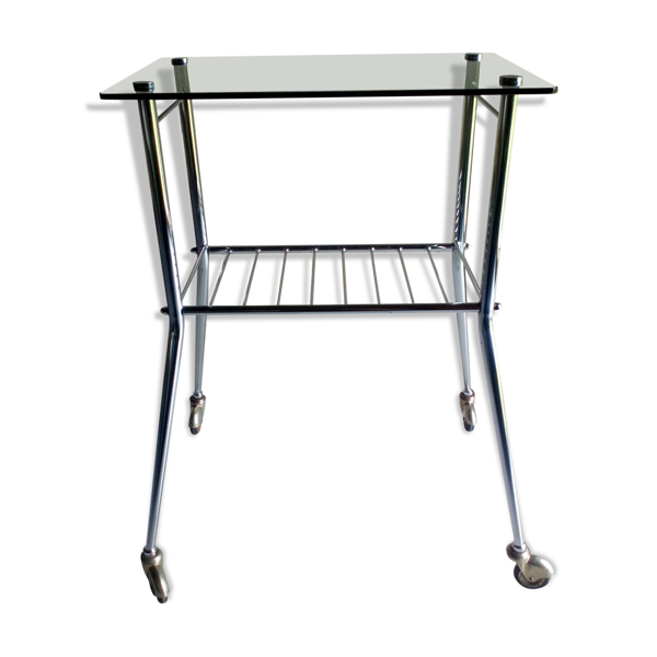 Table d'appoint pieds strings et plateau en verre fumé 1960