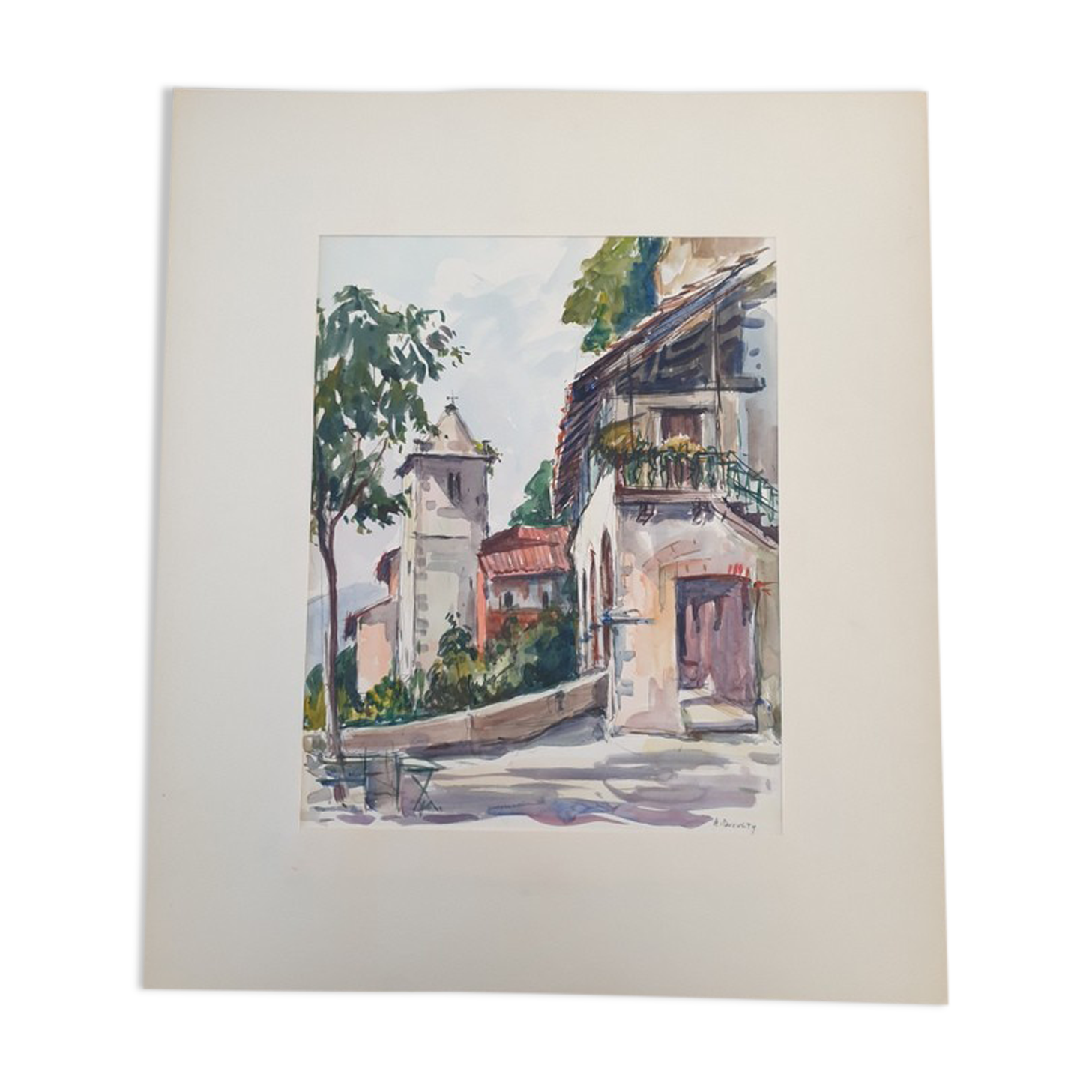 André Duculty (1912-1990) Watercolor on paper "Santa Caterina Del Sasso, Lake Maggiore, Italy" Signed