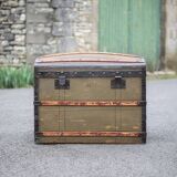 Antique trunk made of burlap and iron, storage suitcase