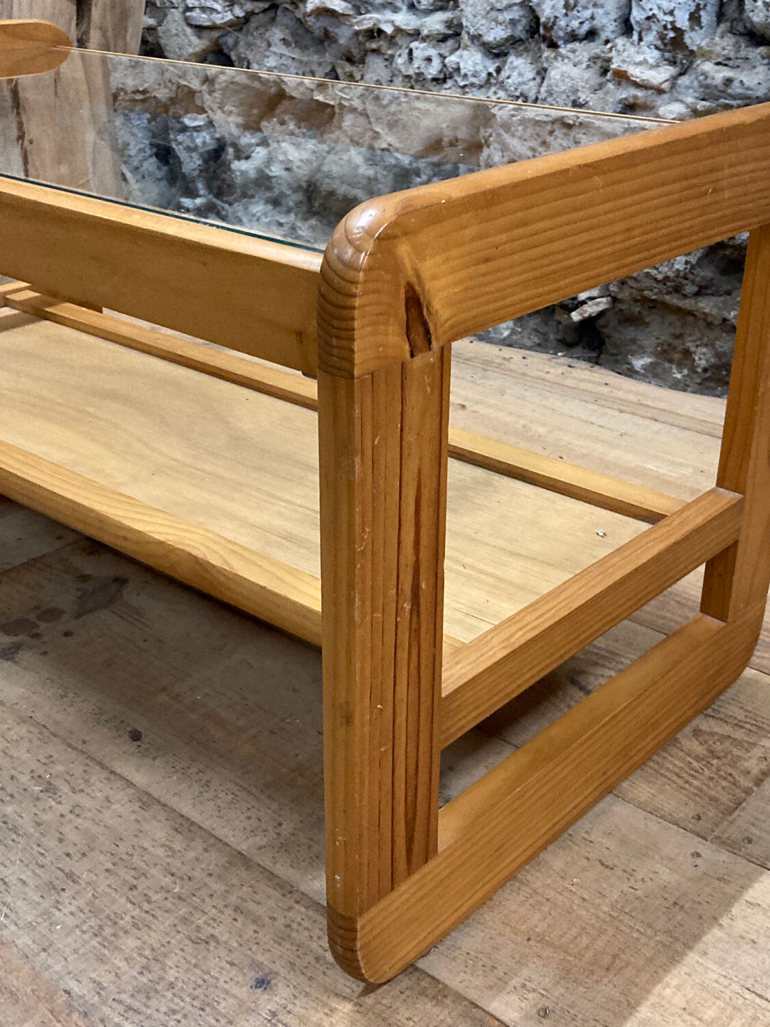 Coffee table in pine and glass Regain 1980