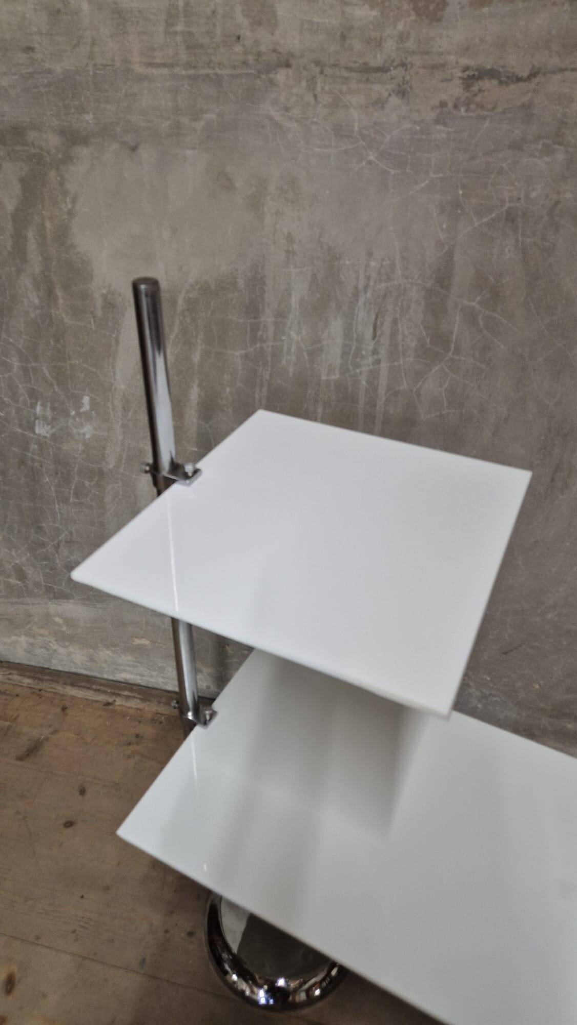 Vintage chrome flower stand with two white shelves, 1970s, Czechoslovakia, 35 × 54 × 100 cm