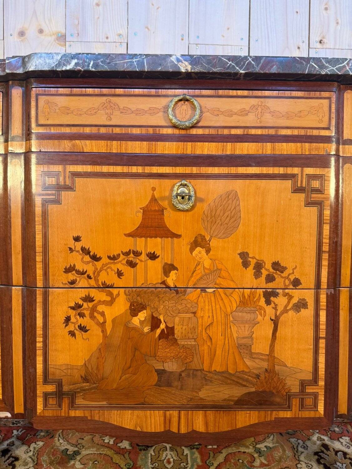 Commode Transition oriental marquetry, 1920s, black marble