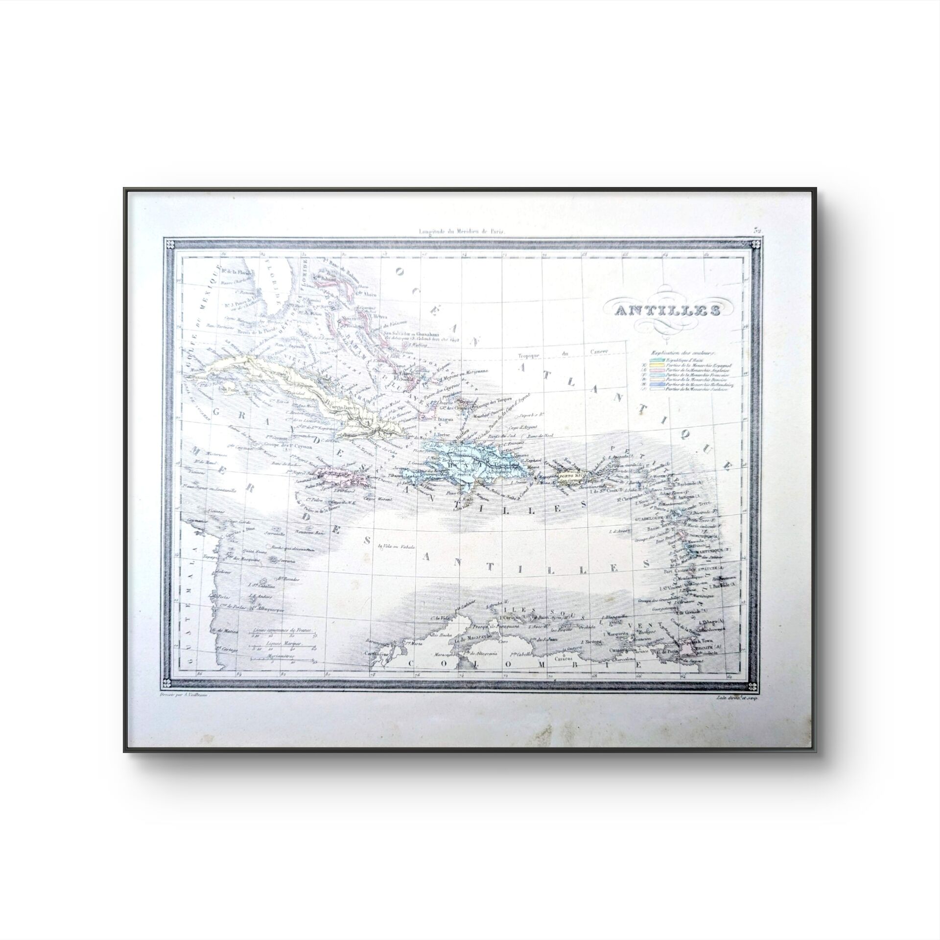 The Antilles, old map, printed in 1852.
