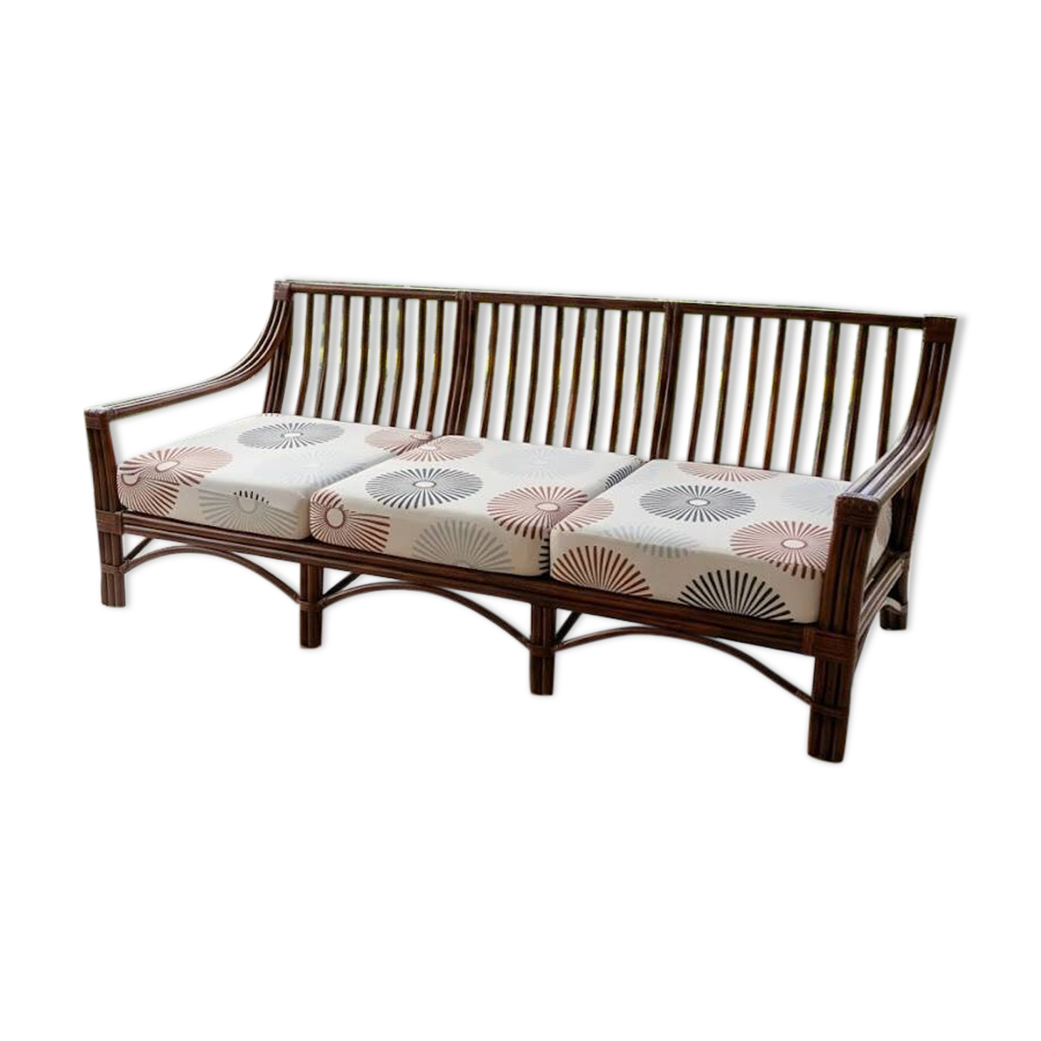 3-seater canapé MAUGRION – Rattan, leather ties – Vintage