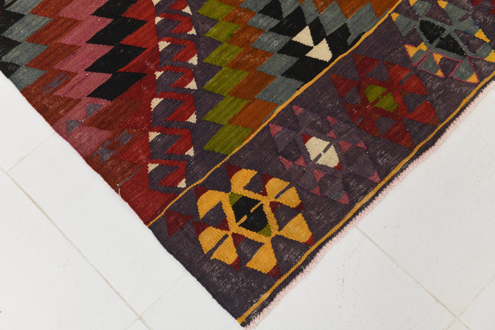 Geometric Pattern Burgundy  Turkish Vintage Kilim Rug, 188x338 Cm