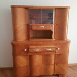 Dresser - 1950s elm cabinet with gold-decorated display case, in good condition.