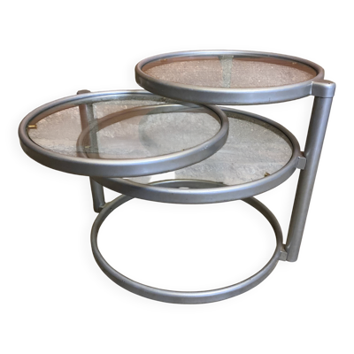Table Basse LEITMOTIV Métal Gris + 3 Plateaux Verre Années 70 Vintage