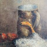 Ancien tableau nature morte signé & encadré : je bastel
