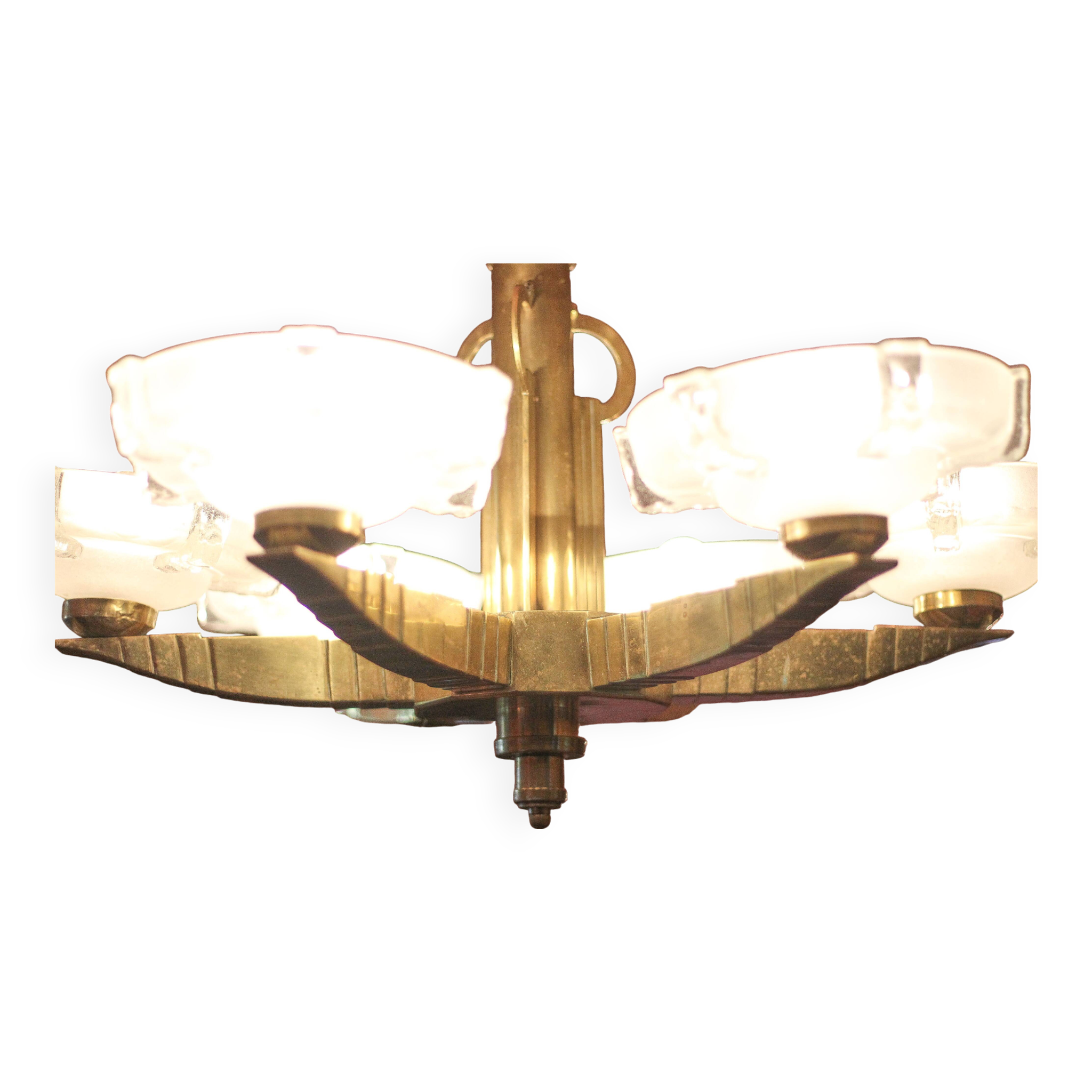 art deco suspension, 6-light Ezan glass globe chandelier, art deco bronze chandelier