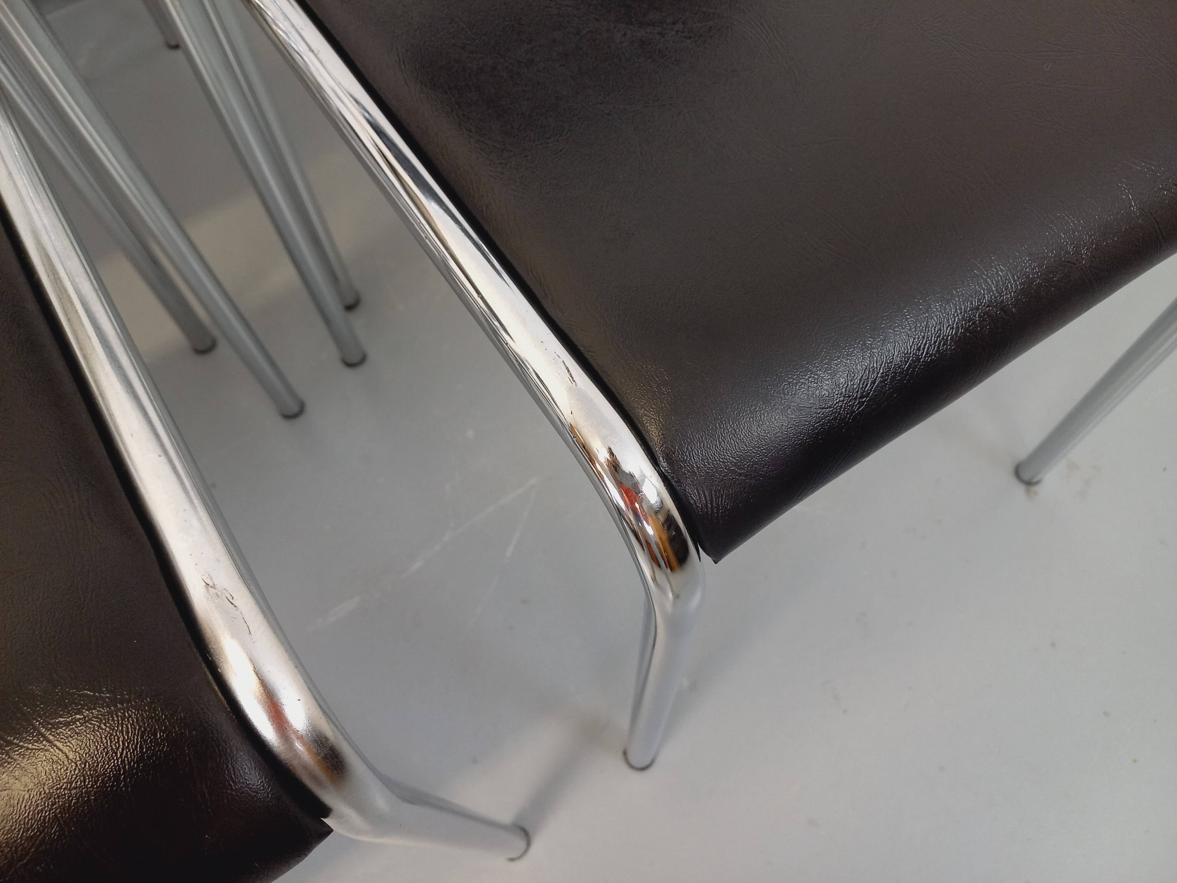 Set of 6 vintage Italian stackable chairs in chrome metal and skai.