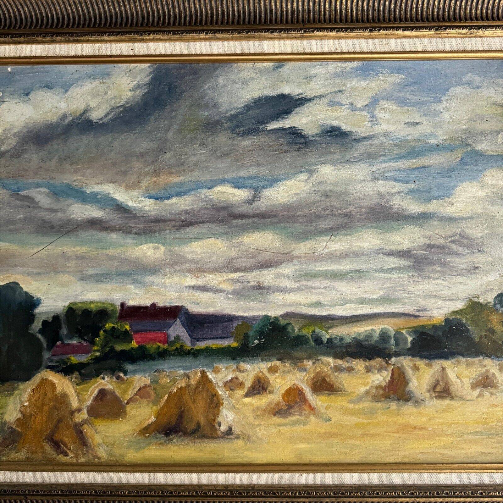 Oil on panel haystacks 20th century whitewashed frame