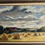 Oil on panel haystacks 20th century whitewashed frame