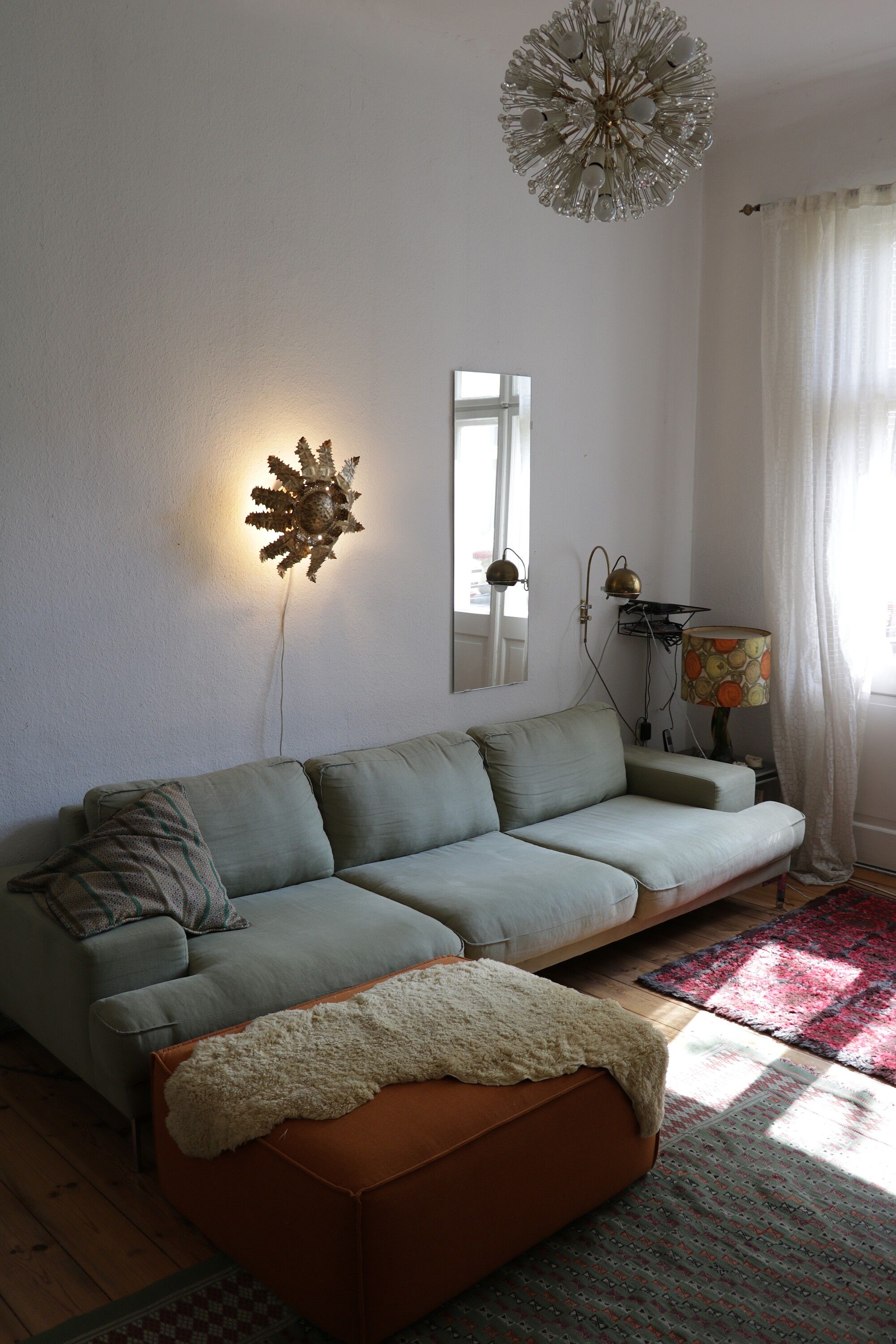 Vintage sunburst ceiling light, gold, floral pattern, 50s brutalism