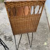 Vintage 1950s bar counter with two rattan and metal stools