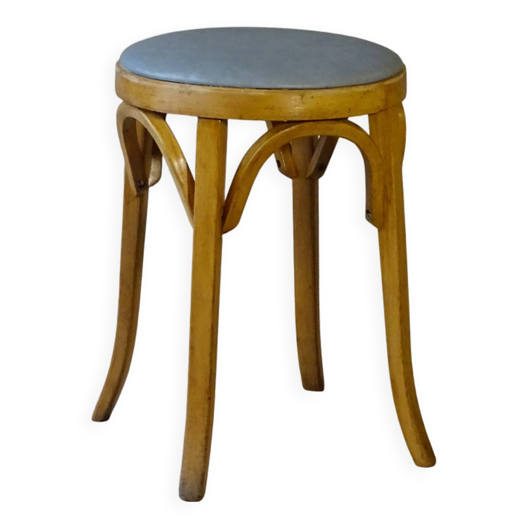Baumann low stool, circa 1950/60, leatherette seat, curved wood