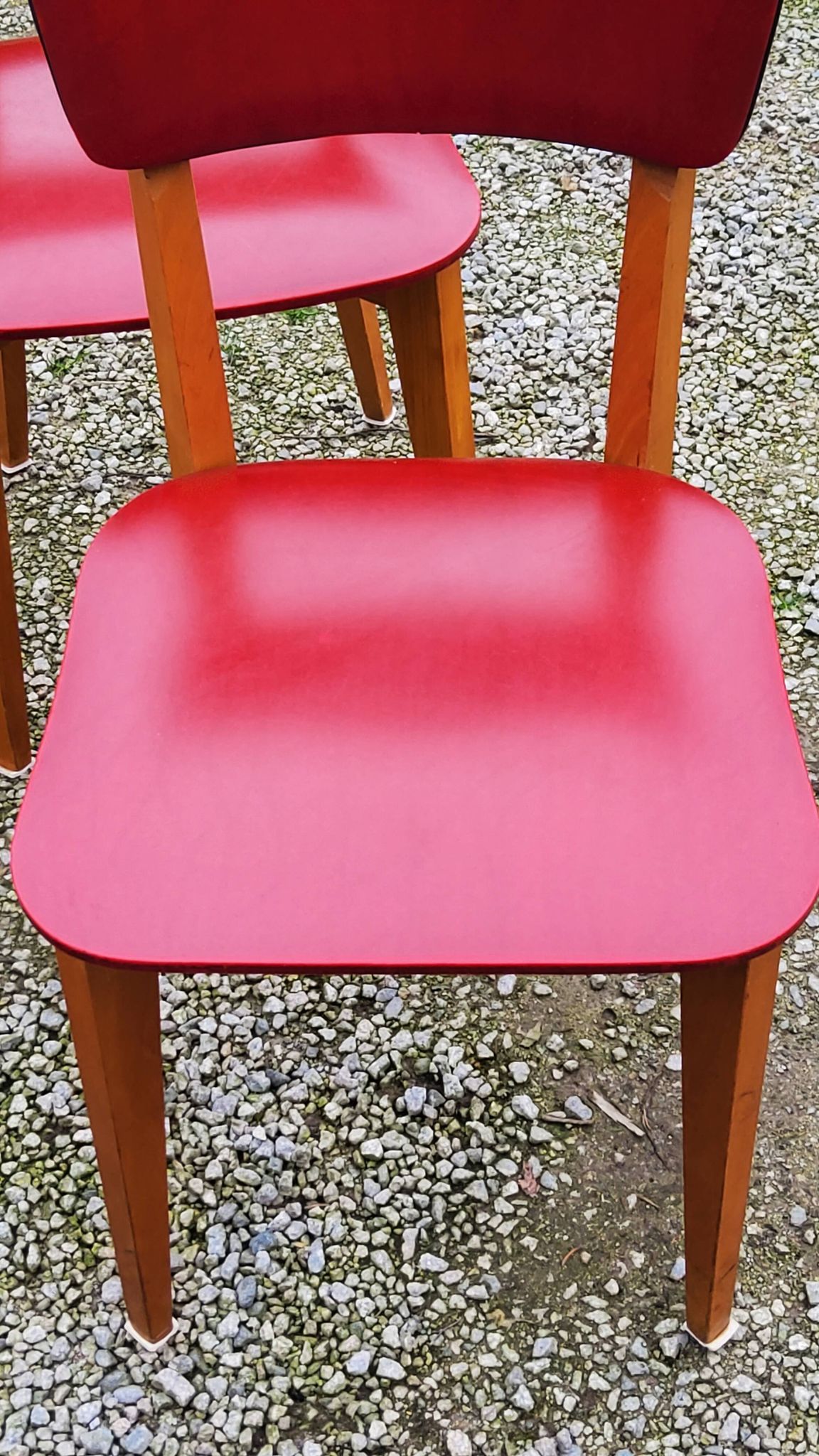 Set of 4 vintage chairs from the 50s in blond beech and red leatherette