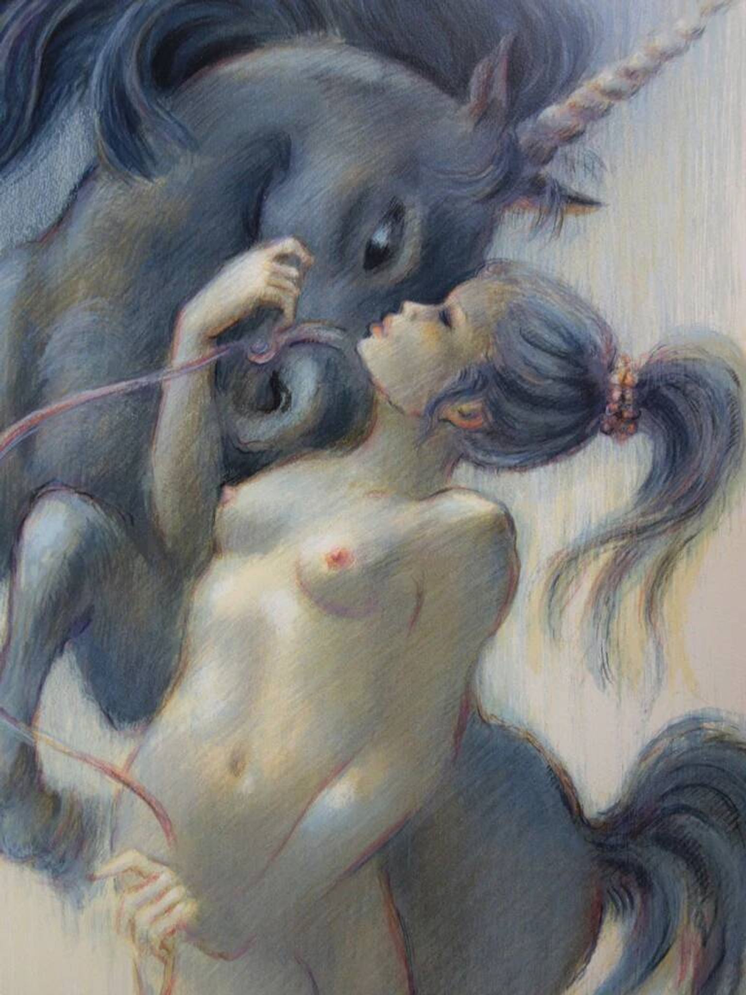 Francis DE SAINT GENIES: Young Girl with a Unicorn, original signed lithograph