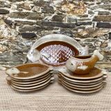 Fish plates, dish and sauce boat, Italian barbotine, 1970