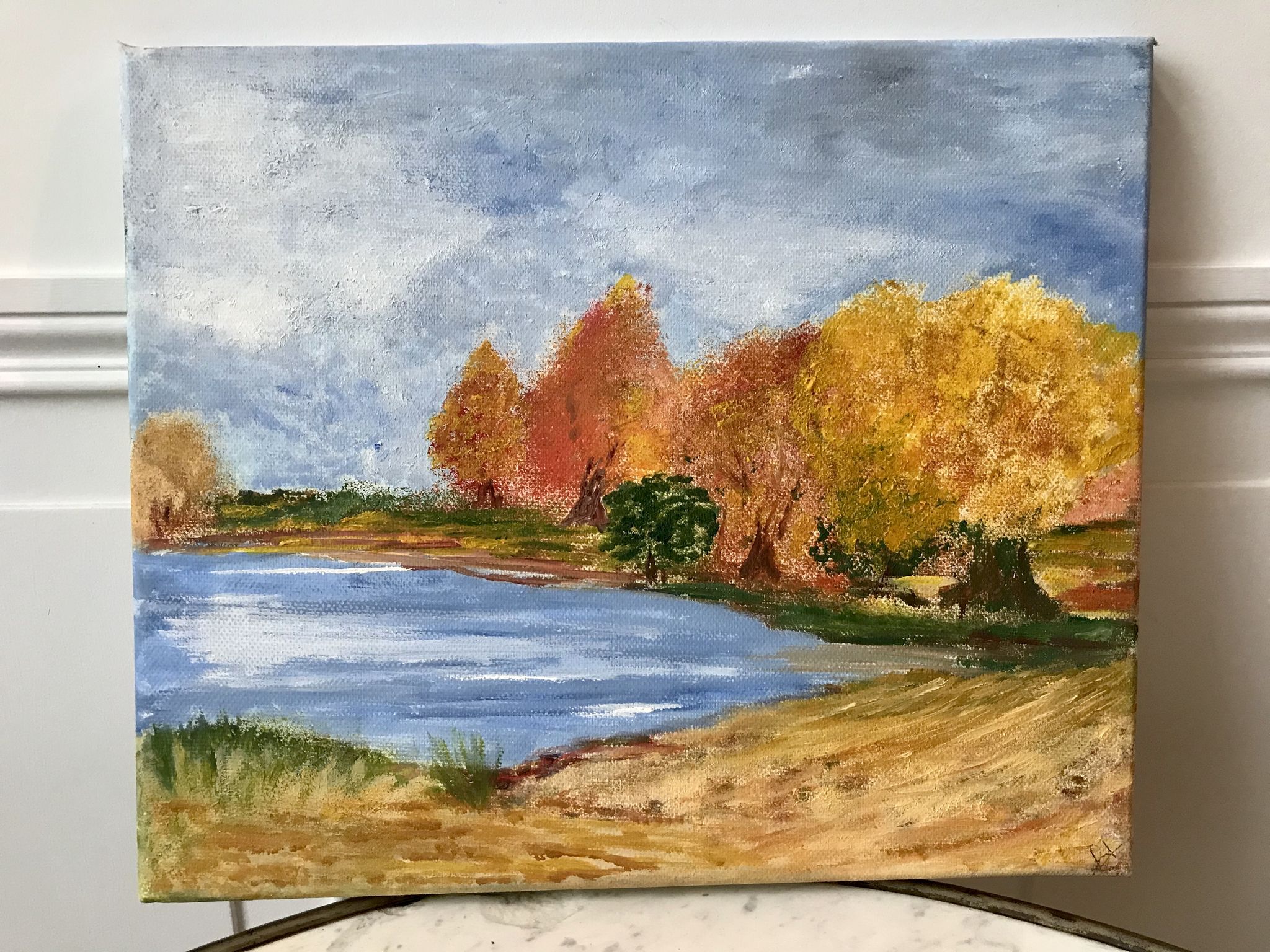 Oil painting on canvas autumn landscape and vintage lake