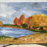 Oil painting on canvas autumn landscape and vintage lake