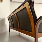 Vintage black leather Dreipunkt Scala design 3-seater sofa in teak.