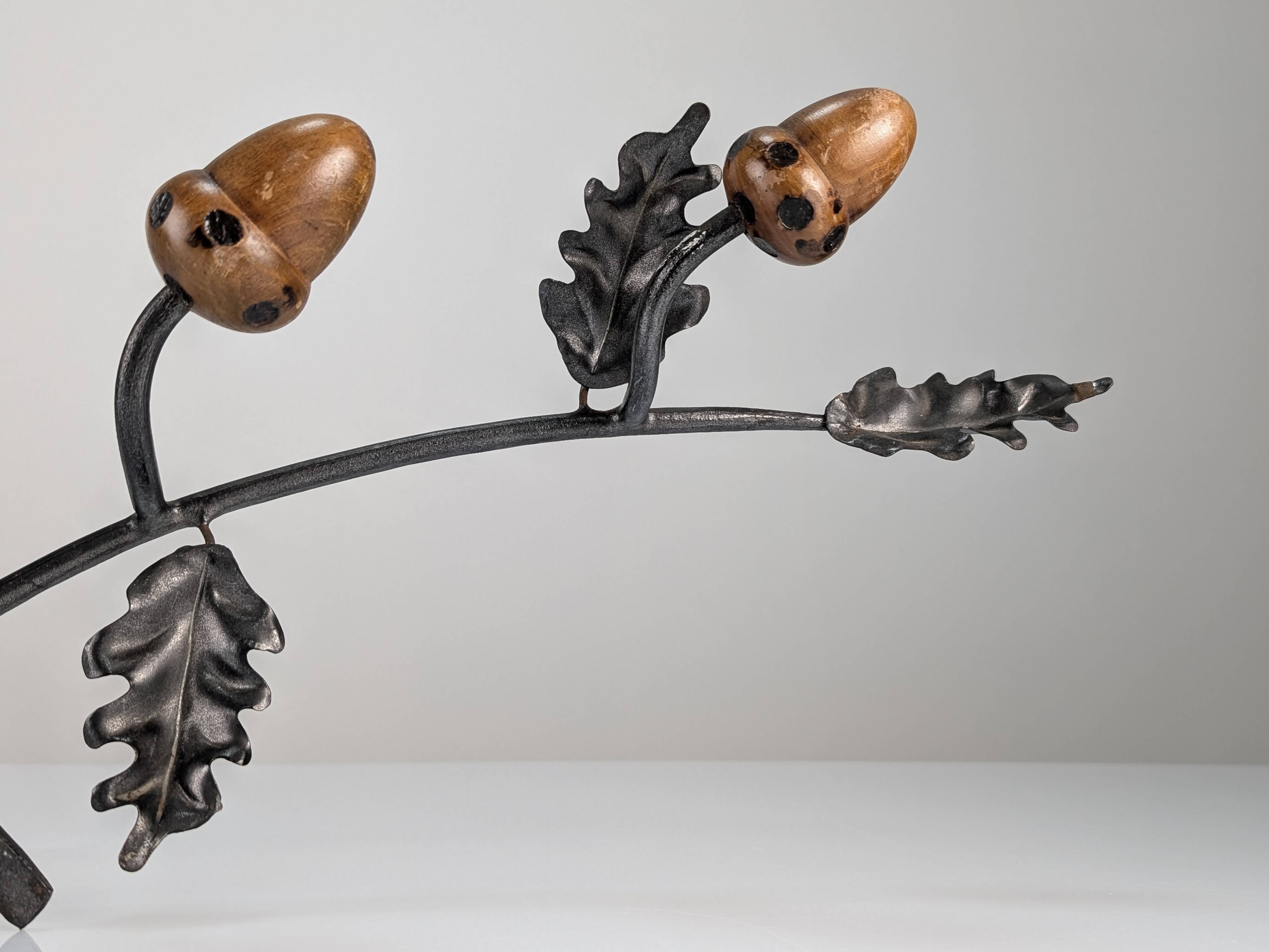 Signed Hand-Forged Iron & Wood Acorn Coat Rack, 1960s