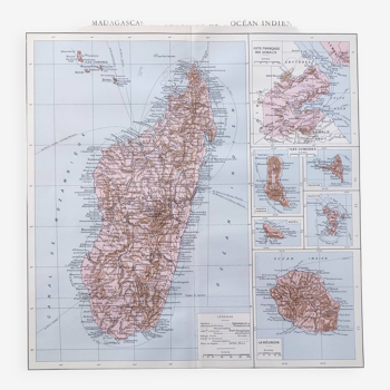 Carte ancienne île de Madagascar en 1950 43x43cm