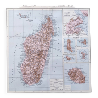 Carte ancienne île de Madagascar en 1950 43x43cm