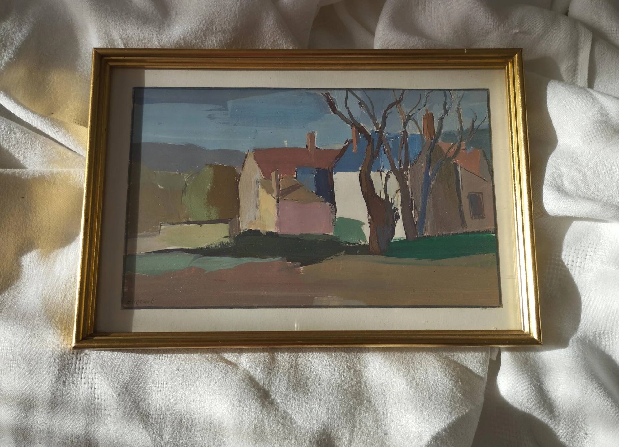 Hamlet in winter - Gouache signed Auzenet framed