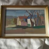 Hamlet in winter - Gouache signed Auzenet framed