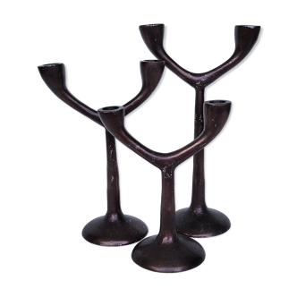 3 double candle holders in brutalist aluminum organic shape vintage 60s 70s