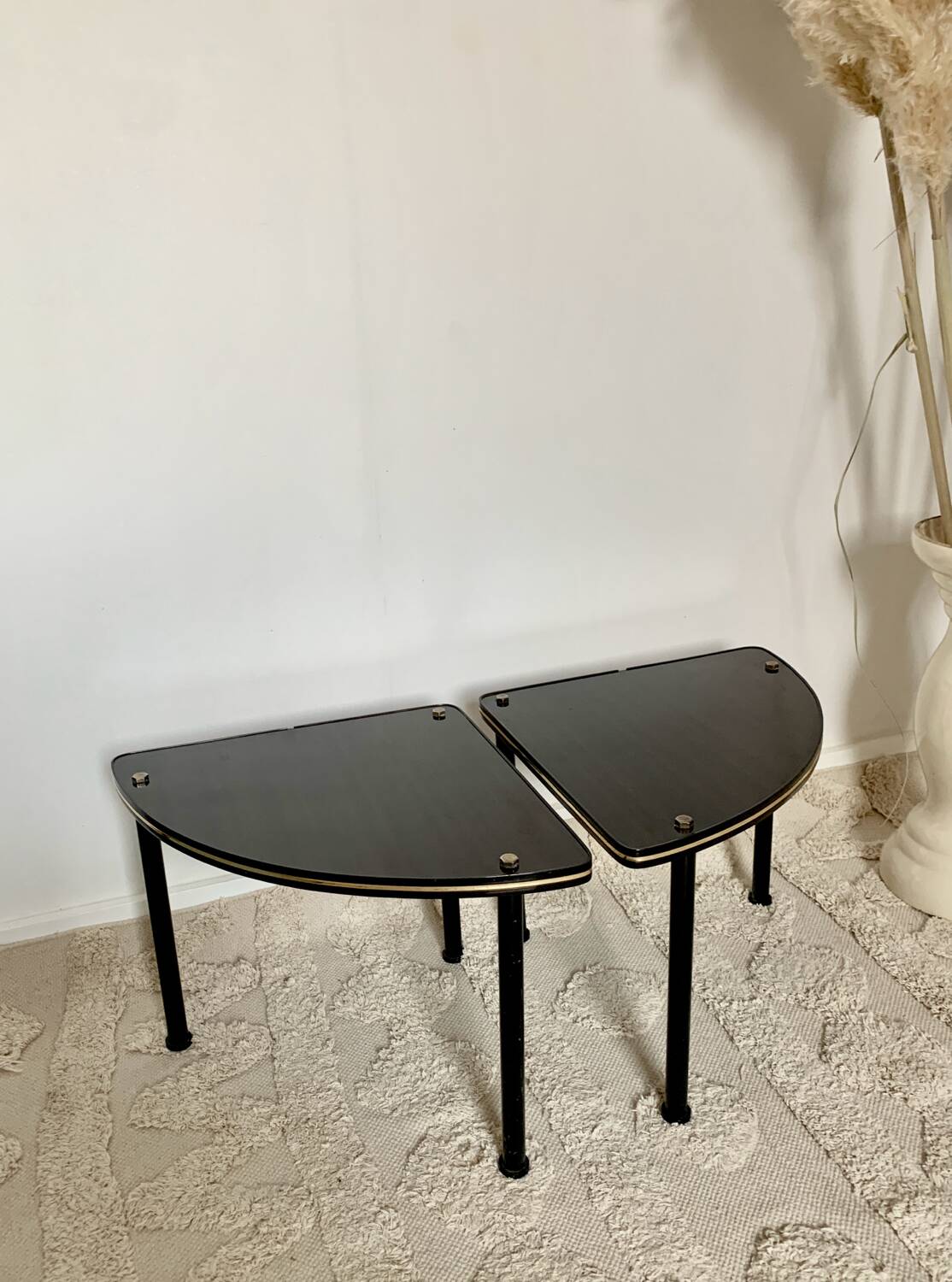 Pair of vintage 1960s side tables – wood veneer & brass, metal legs