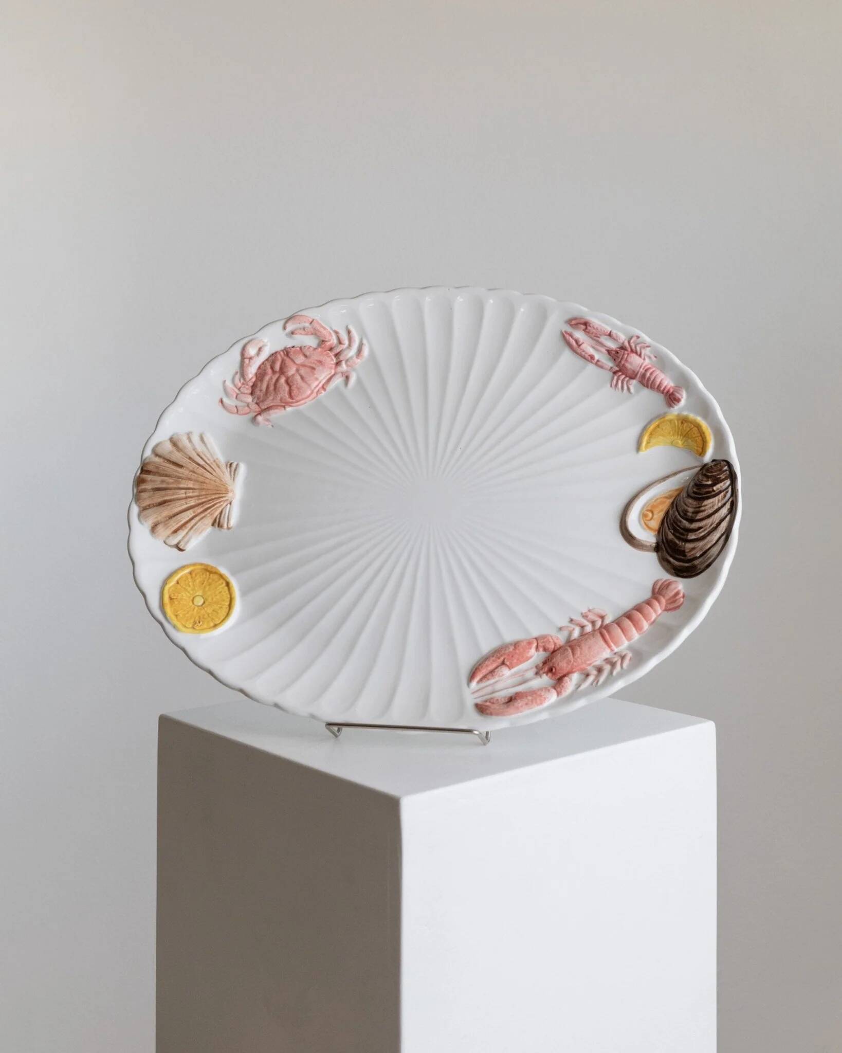 XL White Ceramic Oval Seafood Plate, 1980s Japan, Hand-Painted Relief, Vintage Decor