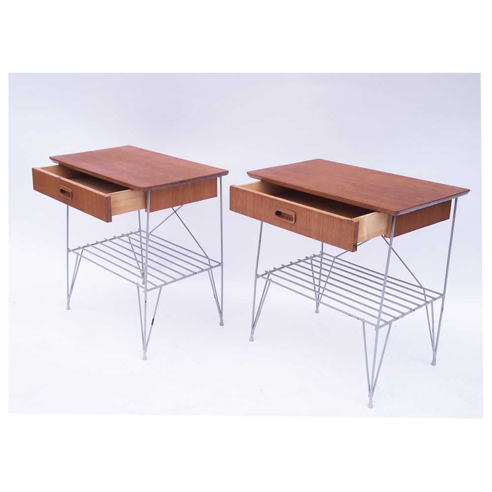 Pair of vintage Danish Scandinavian bedside tables teak & metal