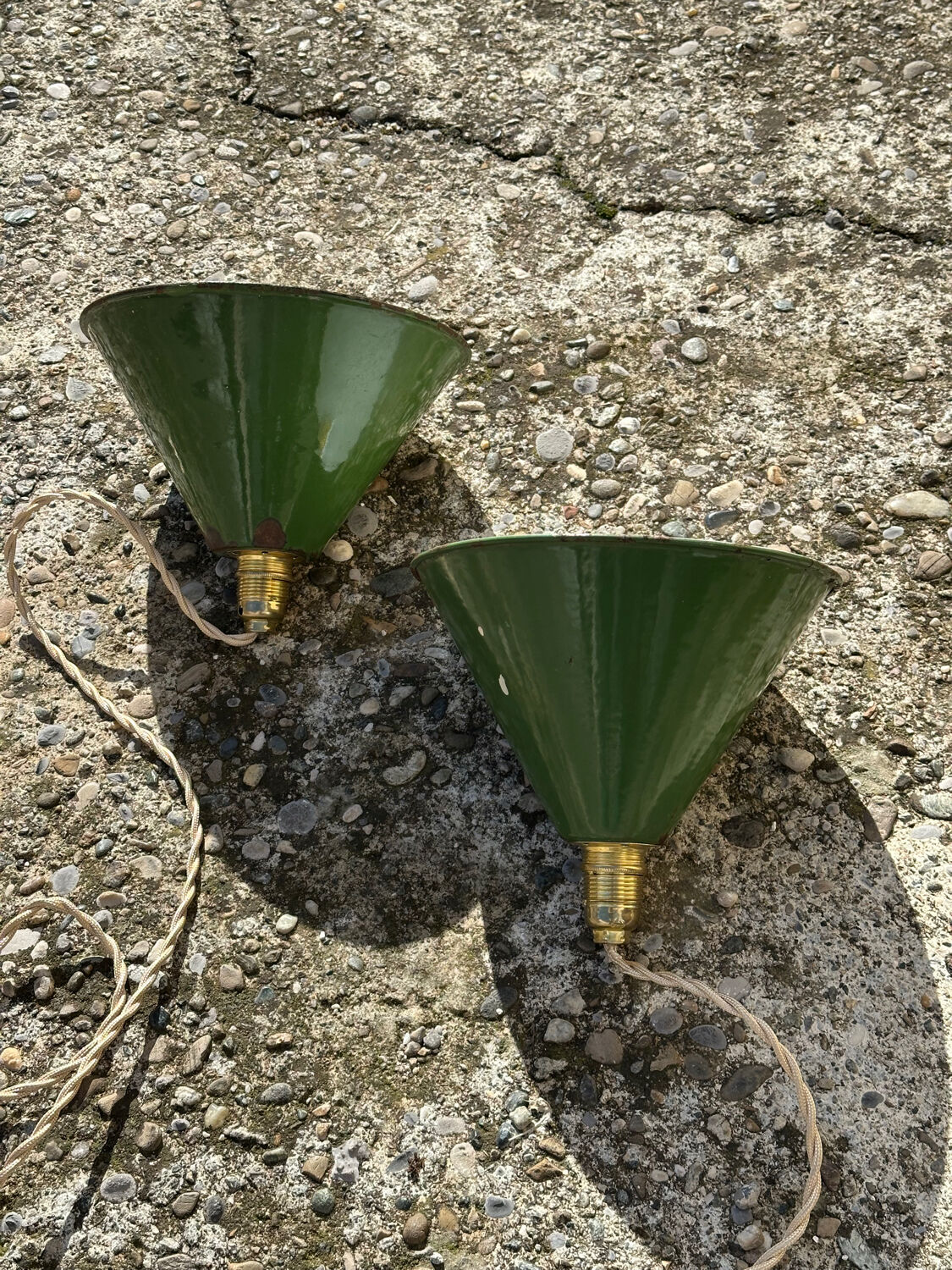 Pair of vintage industrial retro conical enamelled sheet metal pendant lights