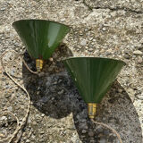 Pair of vintage industrial retro conical enamelled sheet metal pendant lights