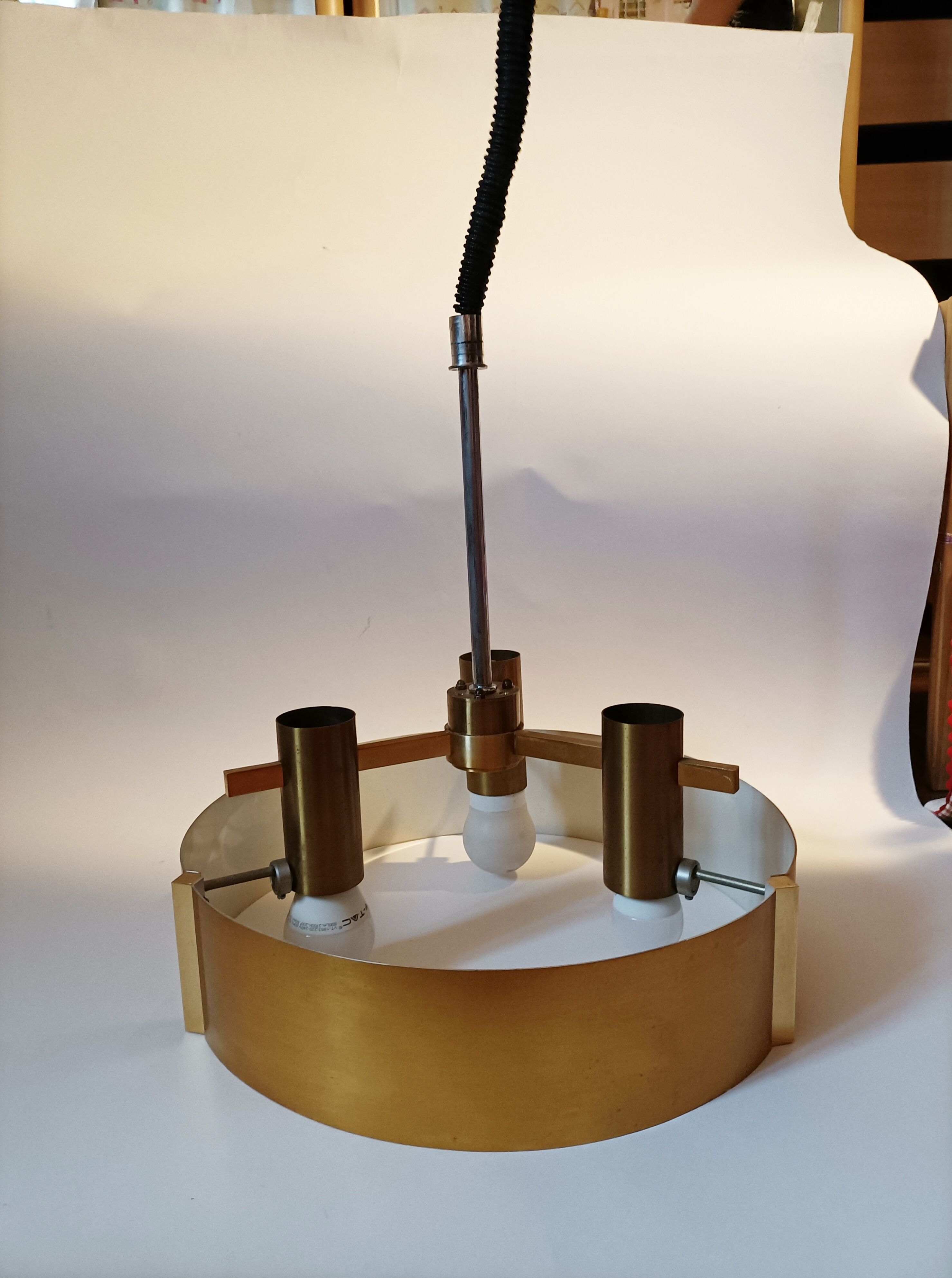 Italian 3-light suspension UFO brushed aluminium and golden brass 1970