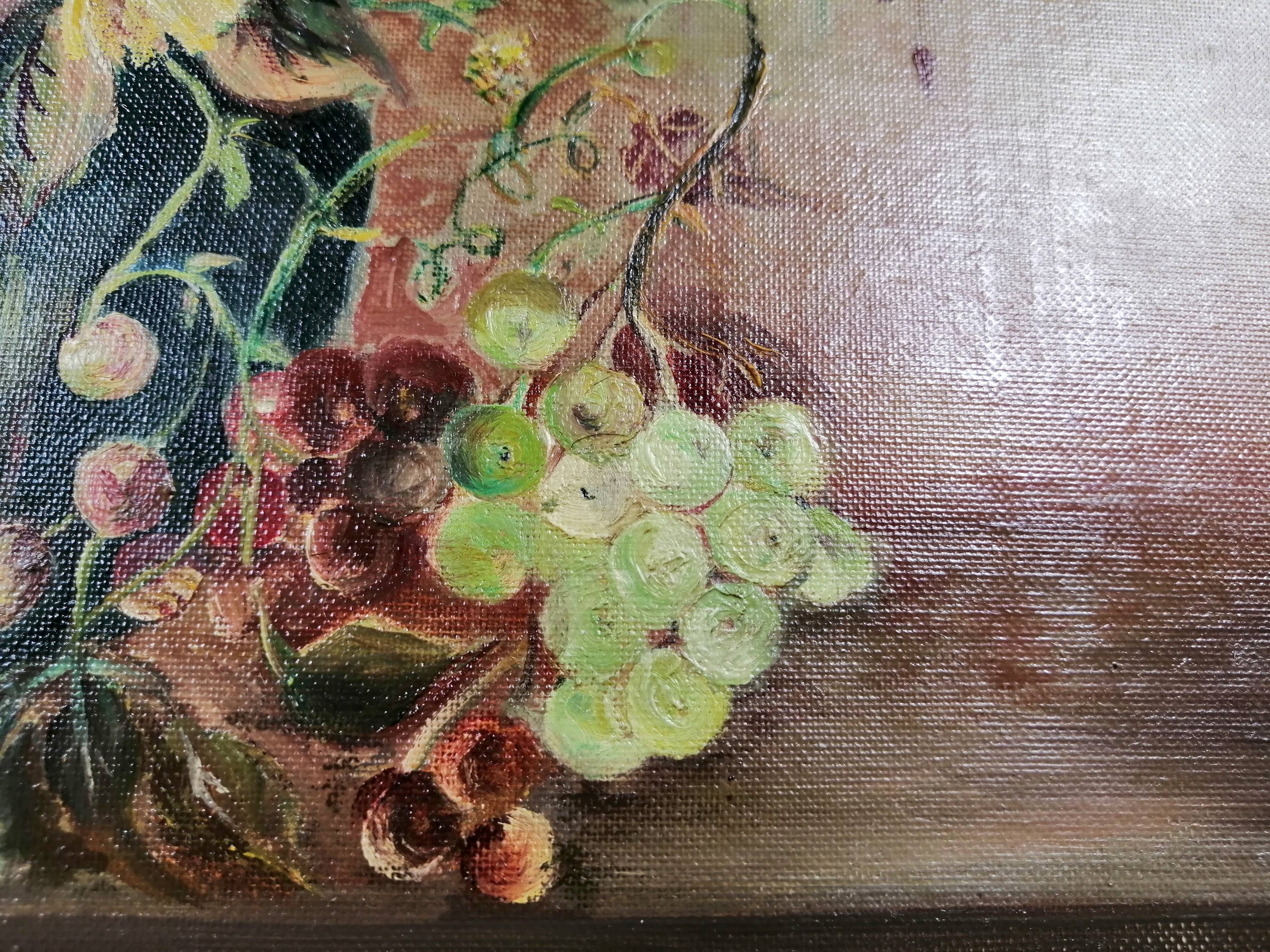 Oil on panel flowers and grapes framed and signed