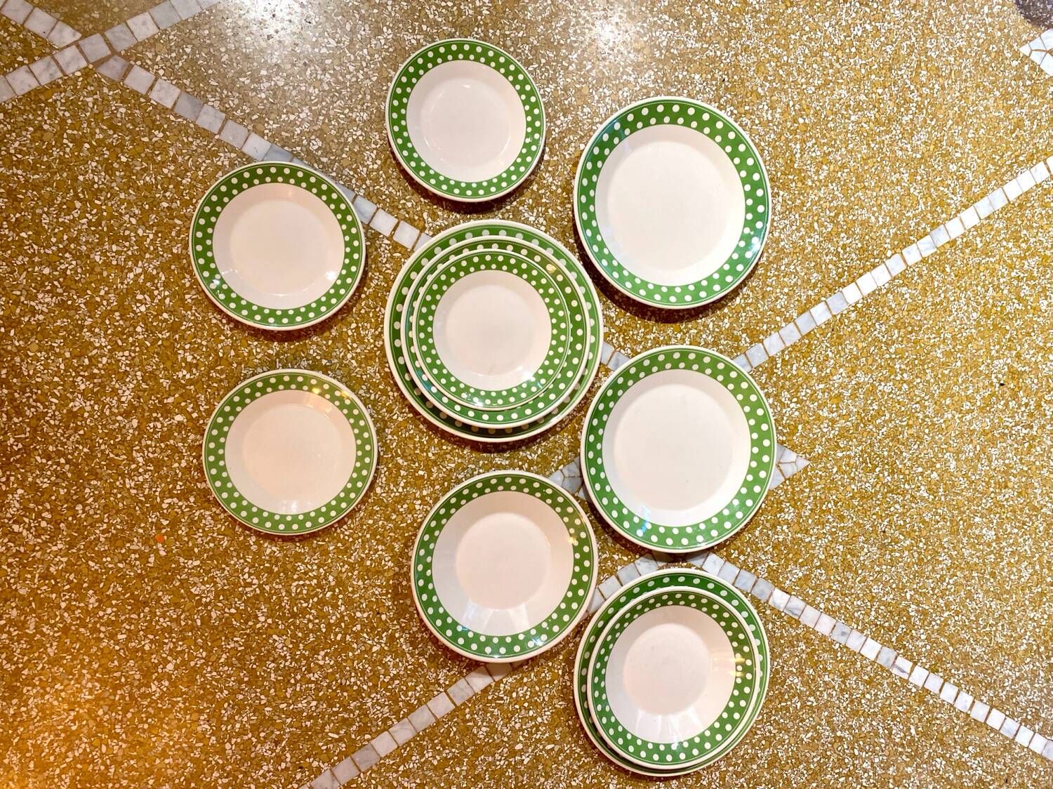 Set of 12 antique polka dot plates for 4 people