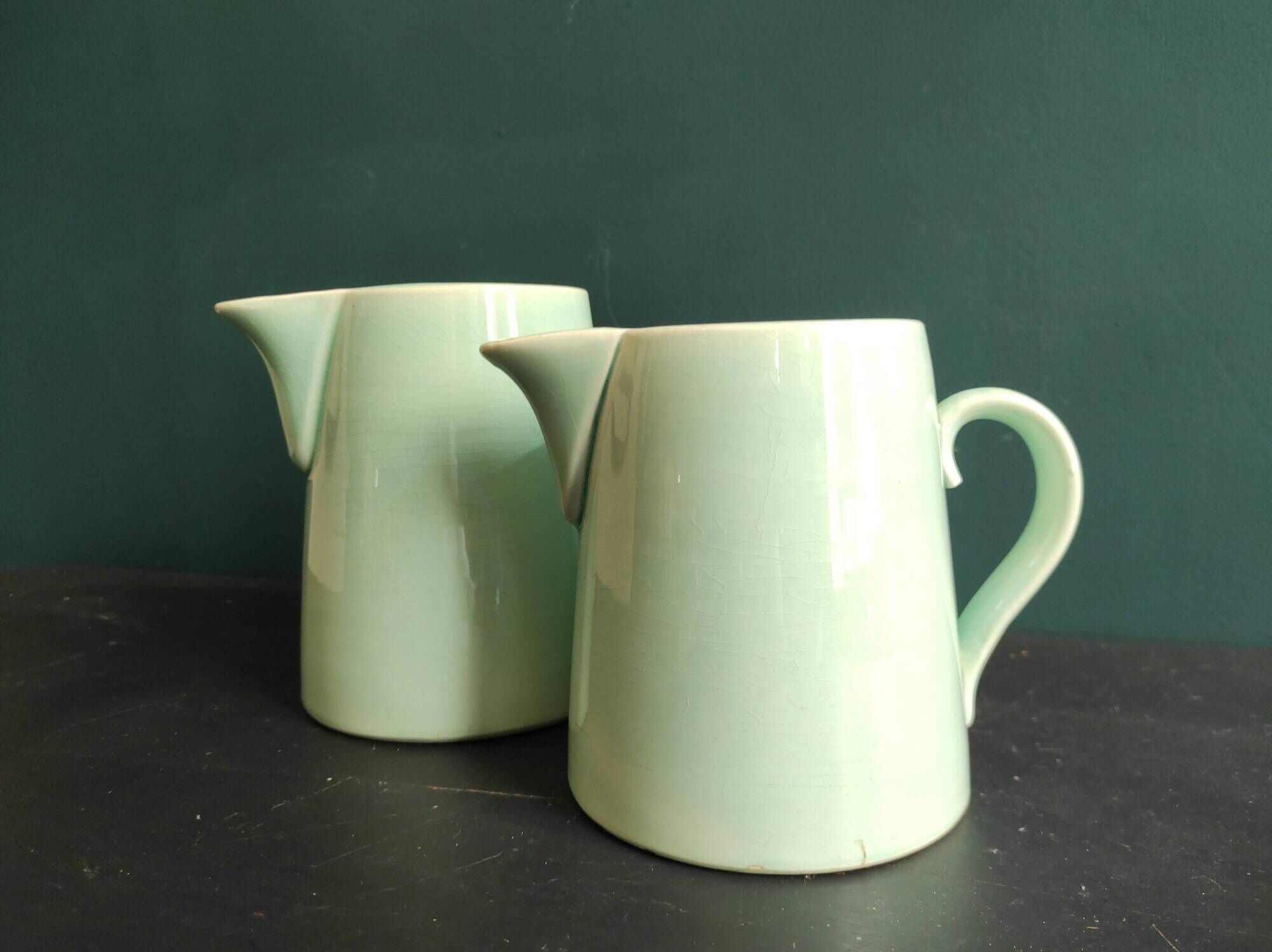 Set of two vintage French jugs in aquamarine blue