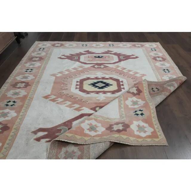 1970s Turkish Oushak Handmade Wool Cotton Pink Area Rug 183x244
