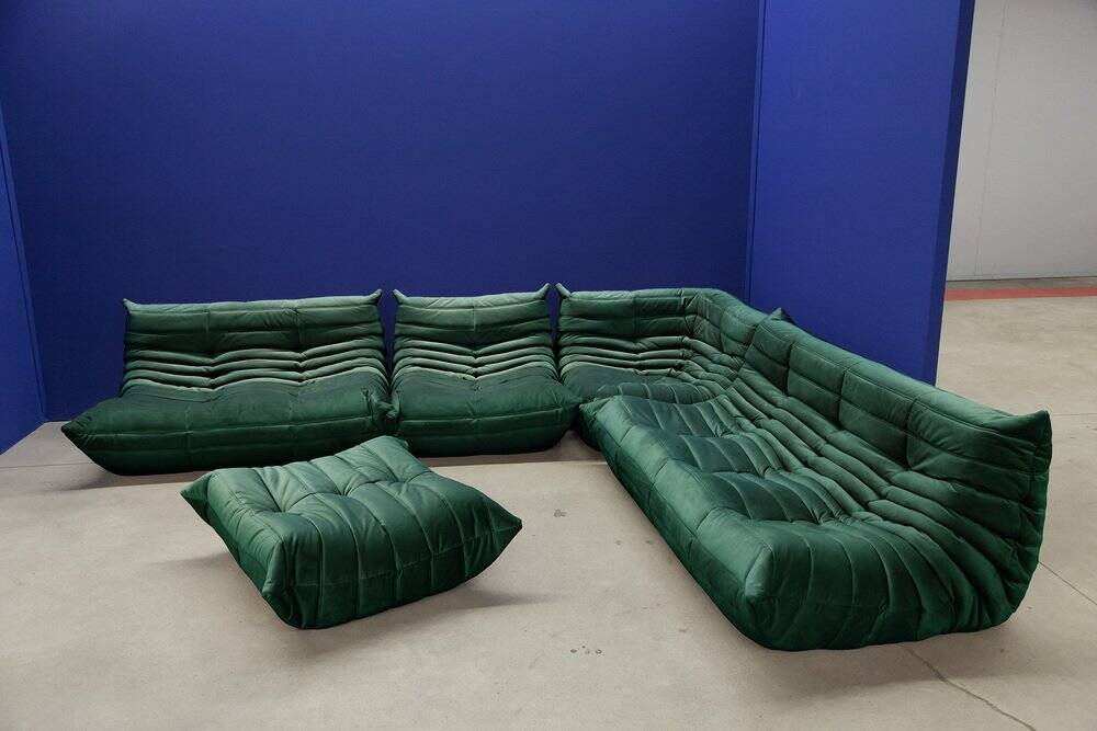 Bottle green velvet Togo living room set by Michel Ducaroy for Ligne Roset, set of 5