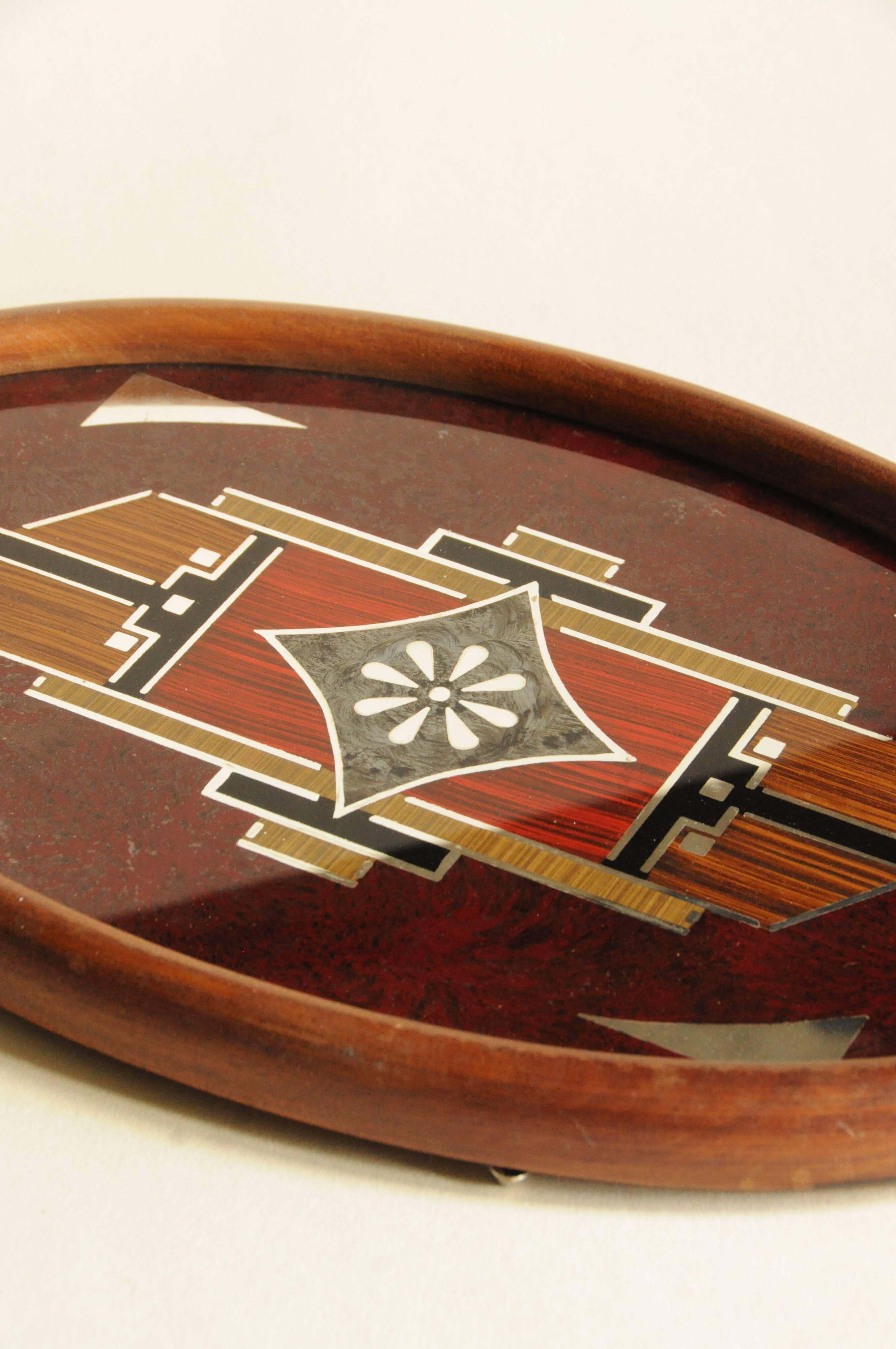 Old Oval Art Deco Wooden Plate - Bakelite Glass - Geometric Pattern