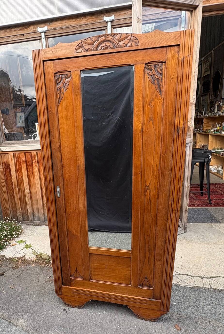 /Art Deco wardrobe with mirror in carved solid oak from the 20s/30s