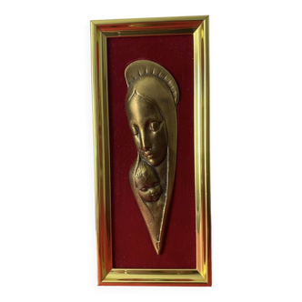 Painting "Madonna and Child" in bronze signed Mermet (signature on the bottom) on velvet background
