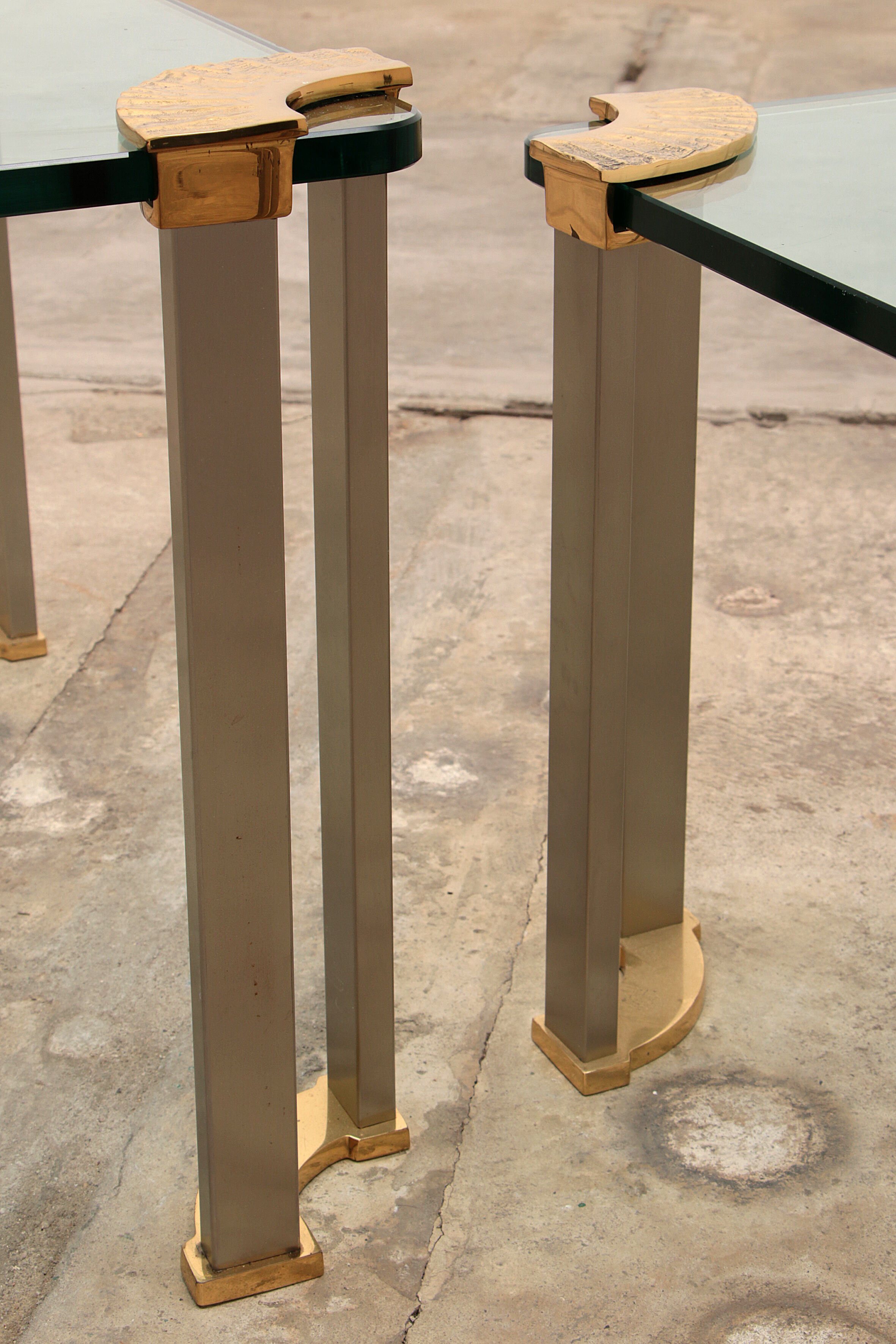 Hollywood regency gold glass coffee table with glass side table 1970