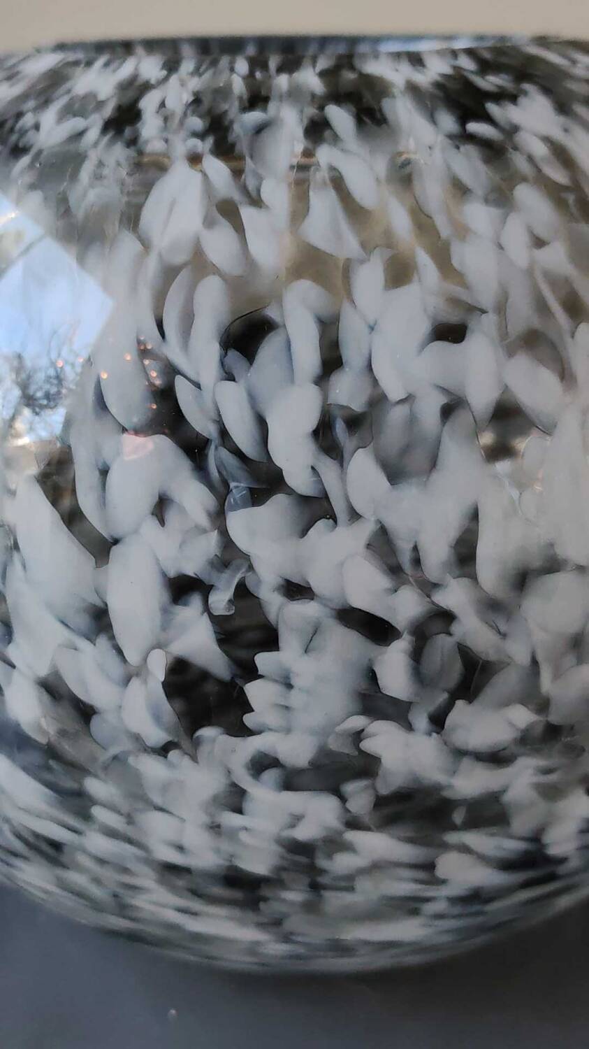 Spherical/ball vase in blown art glass. lsa international. smoked gray speckled white. size 14 x 15 cm