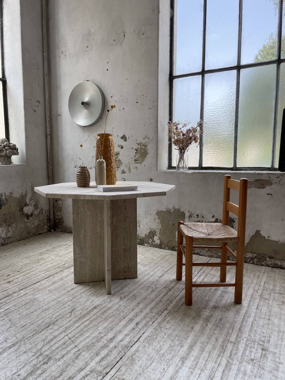 Octagonal travertine coffee table