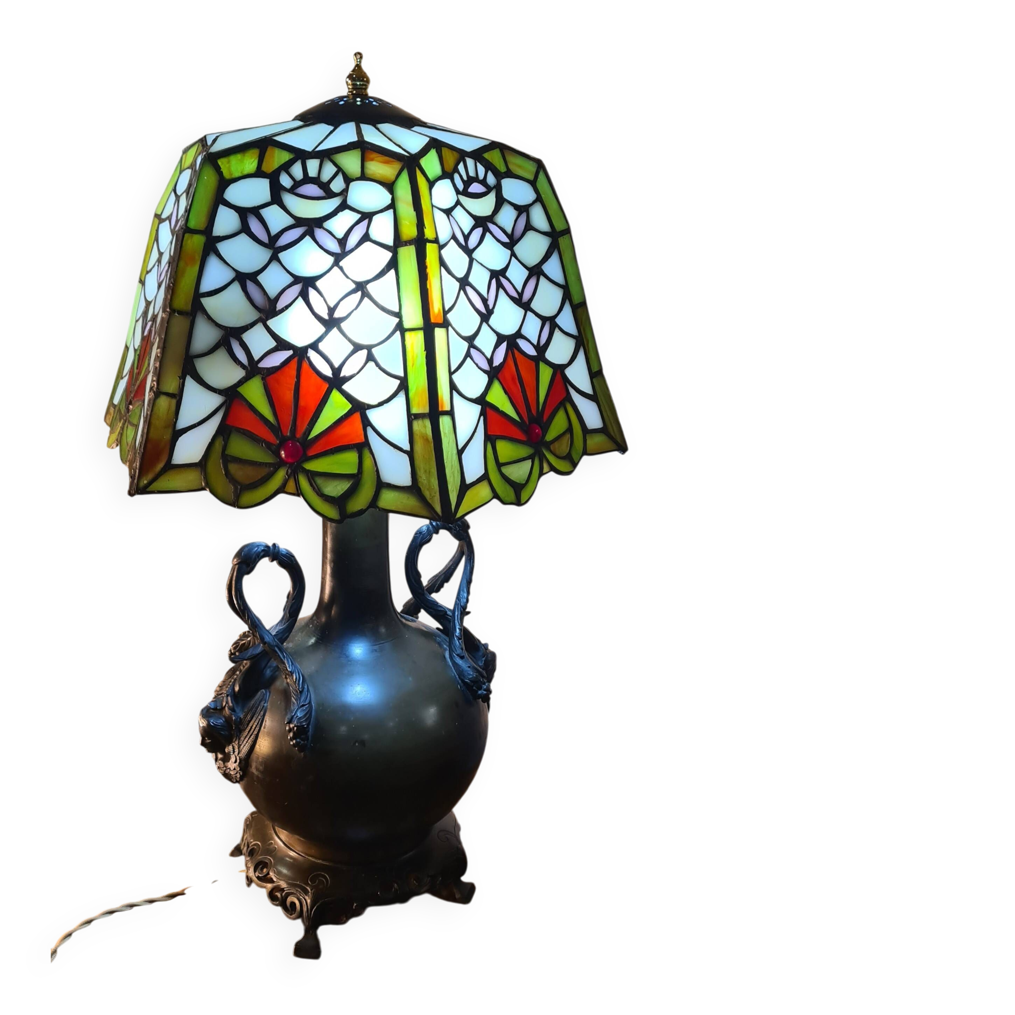 Caryatid lamp in bronze from 1900, Art Nouveau style, with a beautiful glass shade.