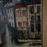 Huile sur panneau par Mick représentant une rue la nuit 1965